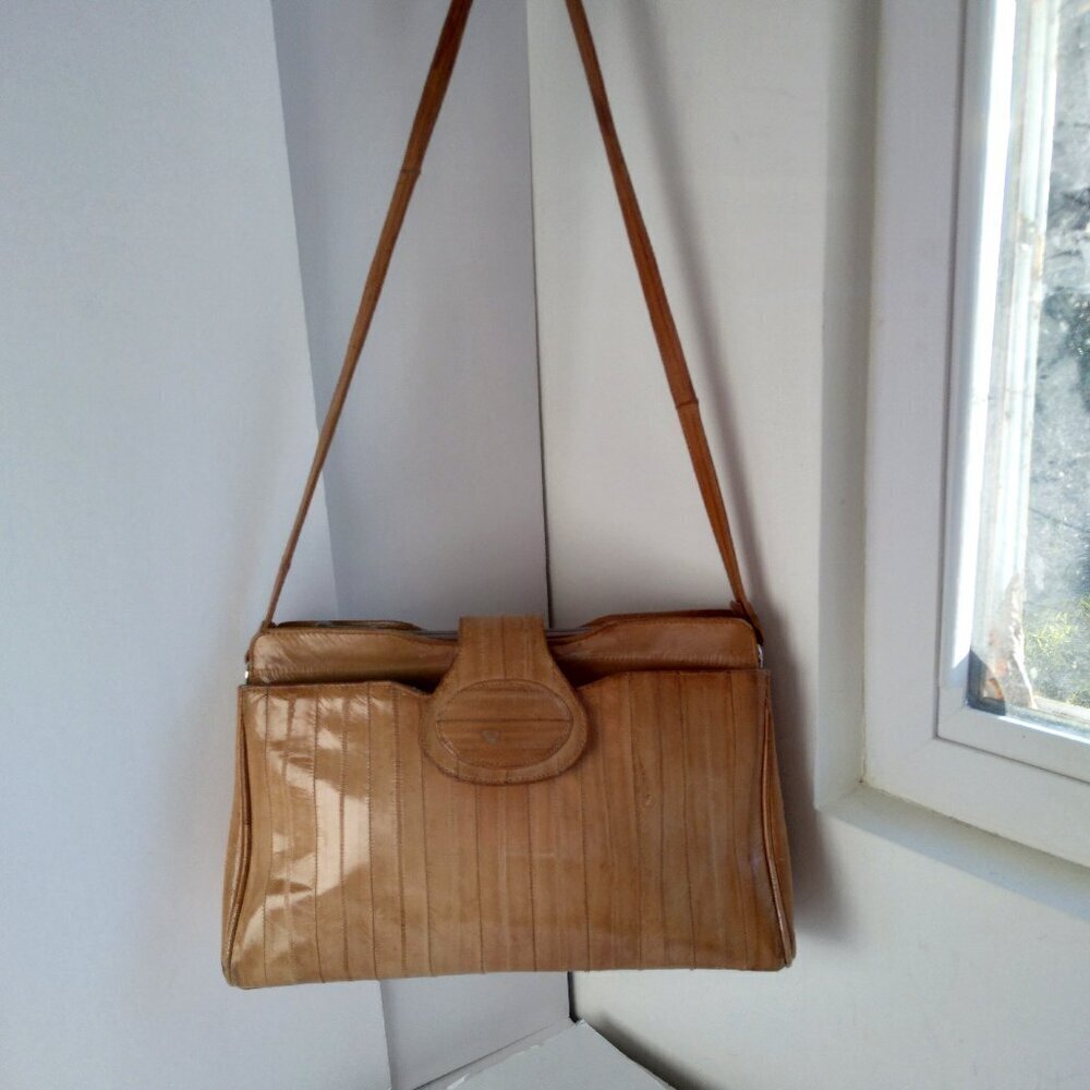 Vintage Golden Camel Eel Skin Shoulder Bag ~ Remarkable Texture & Strength!